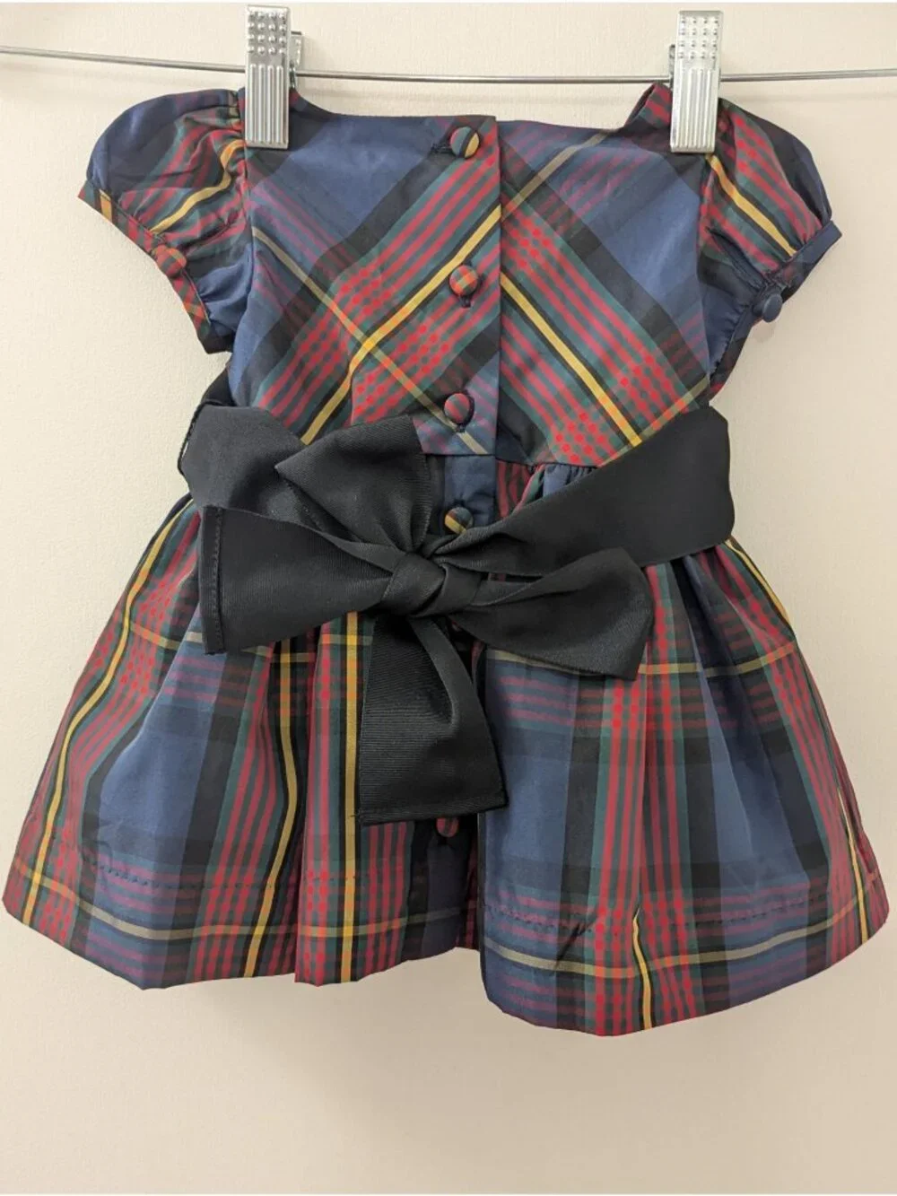 Ralph Lauren Holiday Tartan Girls Dress With Black Bow Sash & Back Buttons